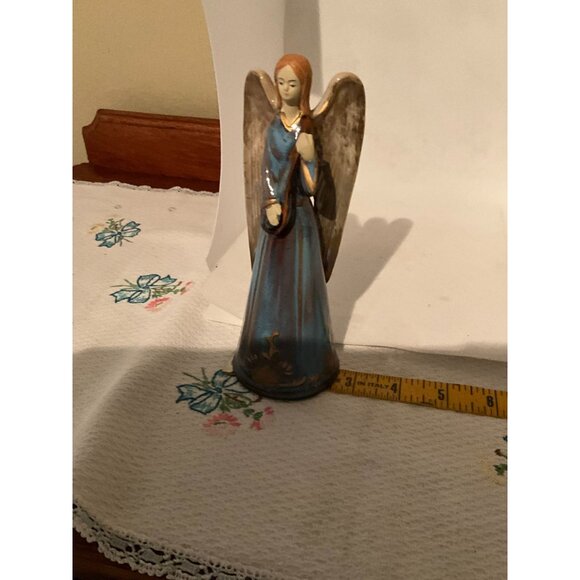 Hand-Painted Ceramic Angel Figurine With Blue Dress & Golden Accents - Picture 5 of 8